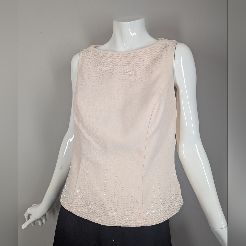 Beaded Blush Sleeveless Top | Lined Evening Tank | Back Zip | Minimal Glam | Med